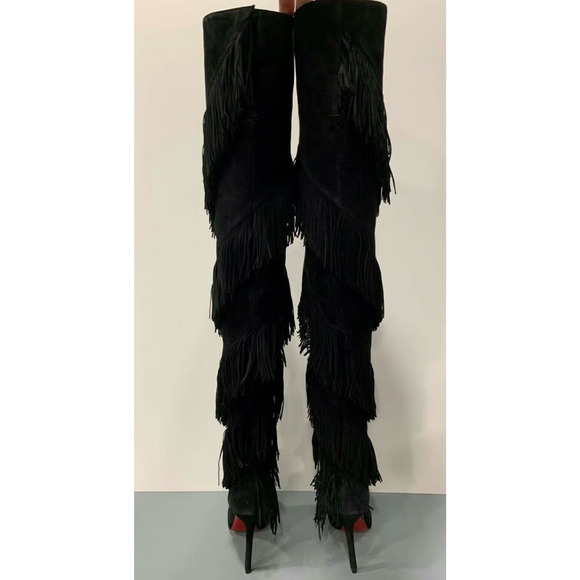 Christian Louboutin Bolcheva 120 Black Fringe Thigh High OTK Knee Heel Boot 36.5 - Picture 3 of 12